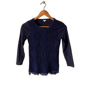 J. Crew Navy Lace Front 3/4 Sleeve Top Size XS